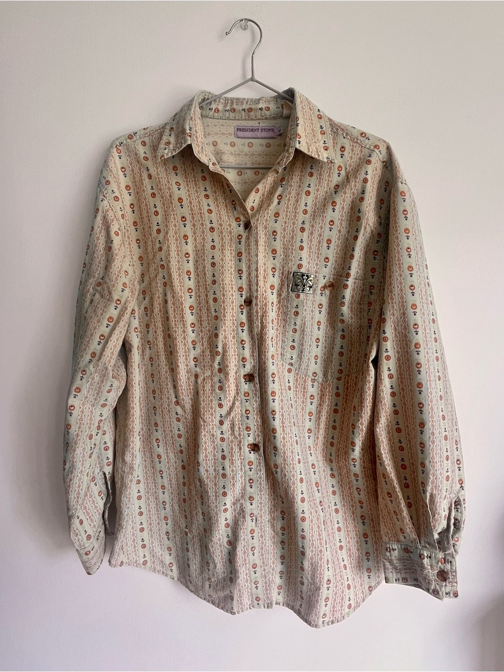 Vintage President Stone Tribal Geometric Striped Button Down Shirt